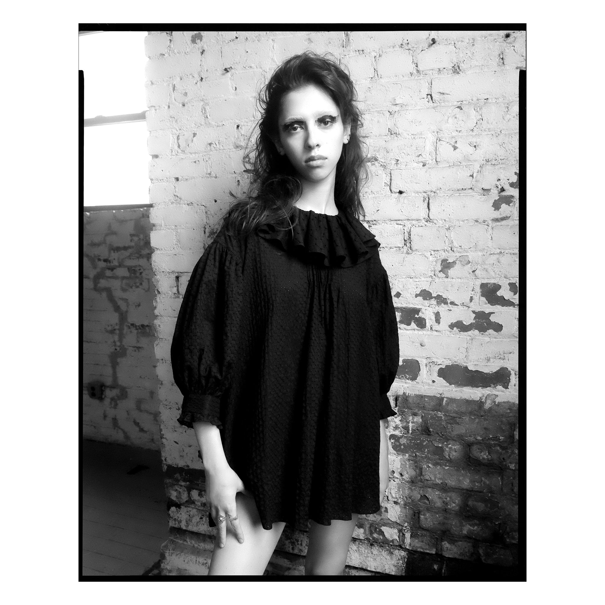 Black Mixed Eyelet Ruffle Tunic