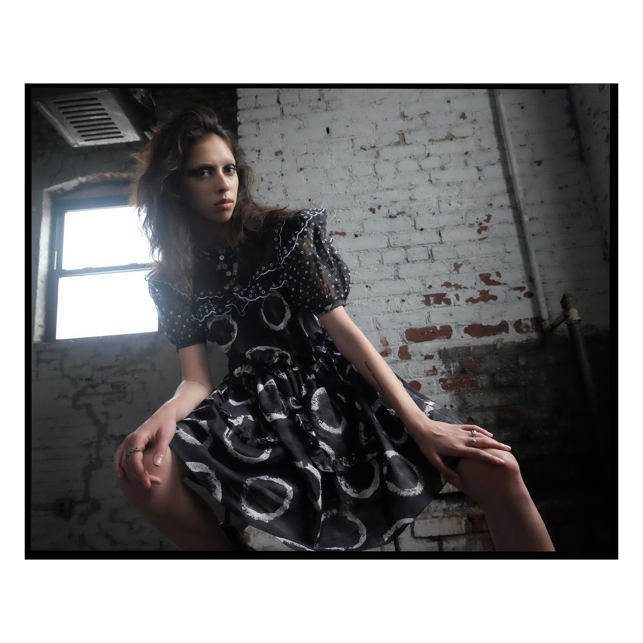 Dot San Gallo Yoke Puff Sleeve Mini Dress