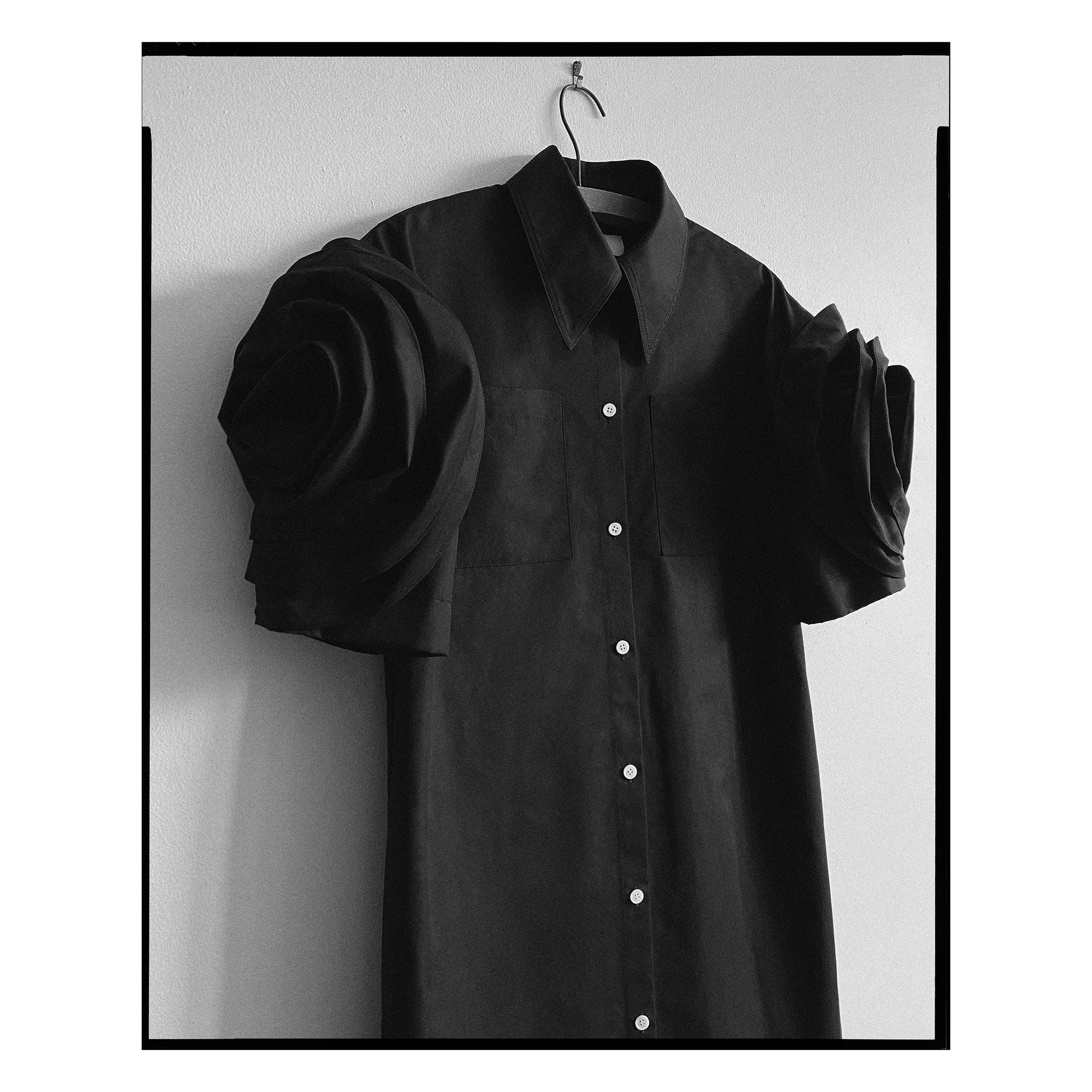 Black Poplin Rose Sleeve Shirtdress