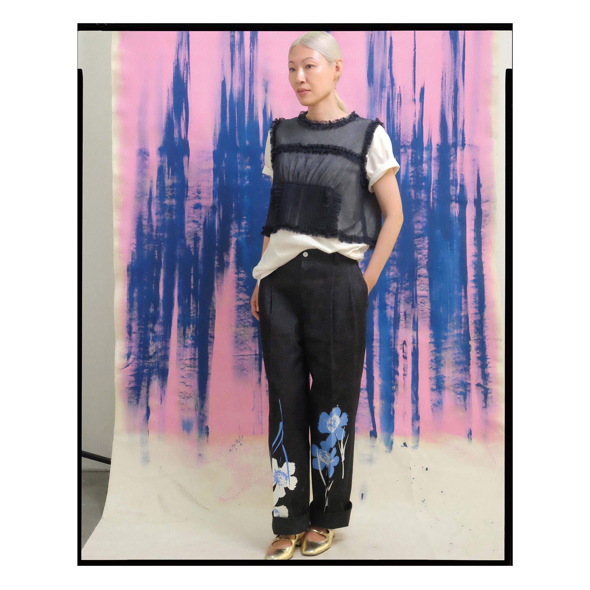 Denim Silk Screen Floral Pant