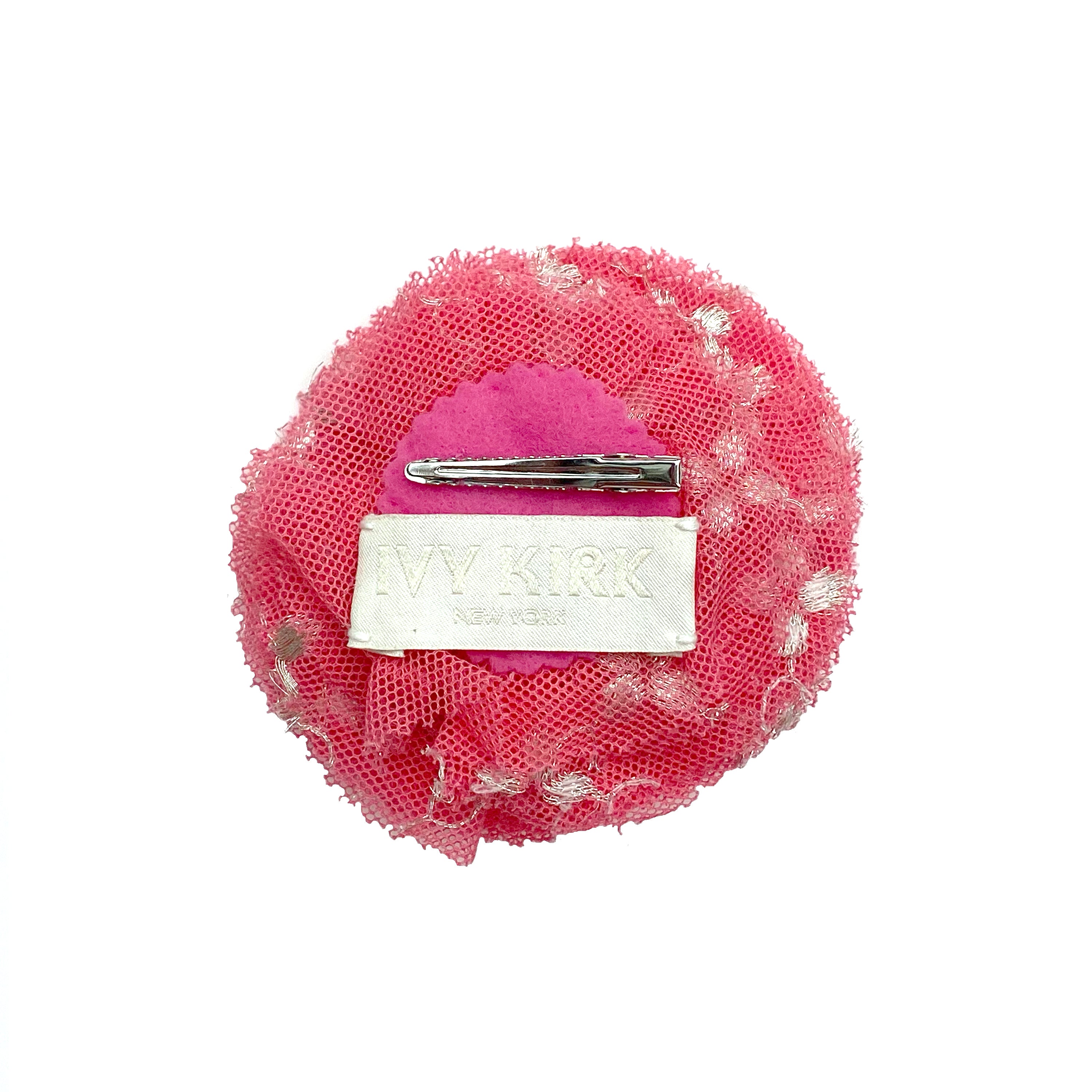 Pink & Silver Embroidered Tulle Floral Clip