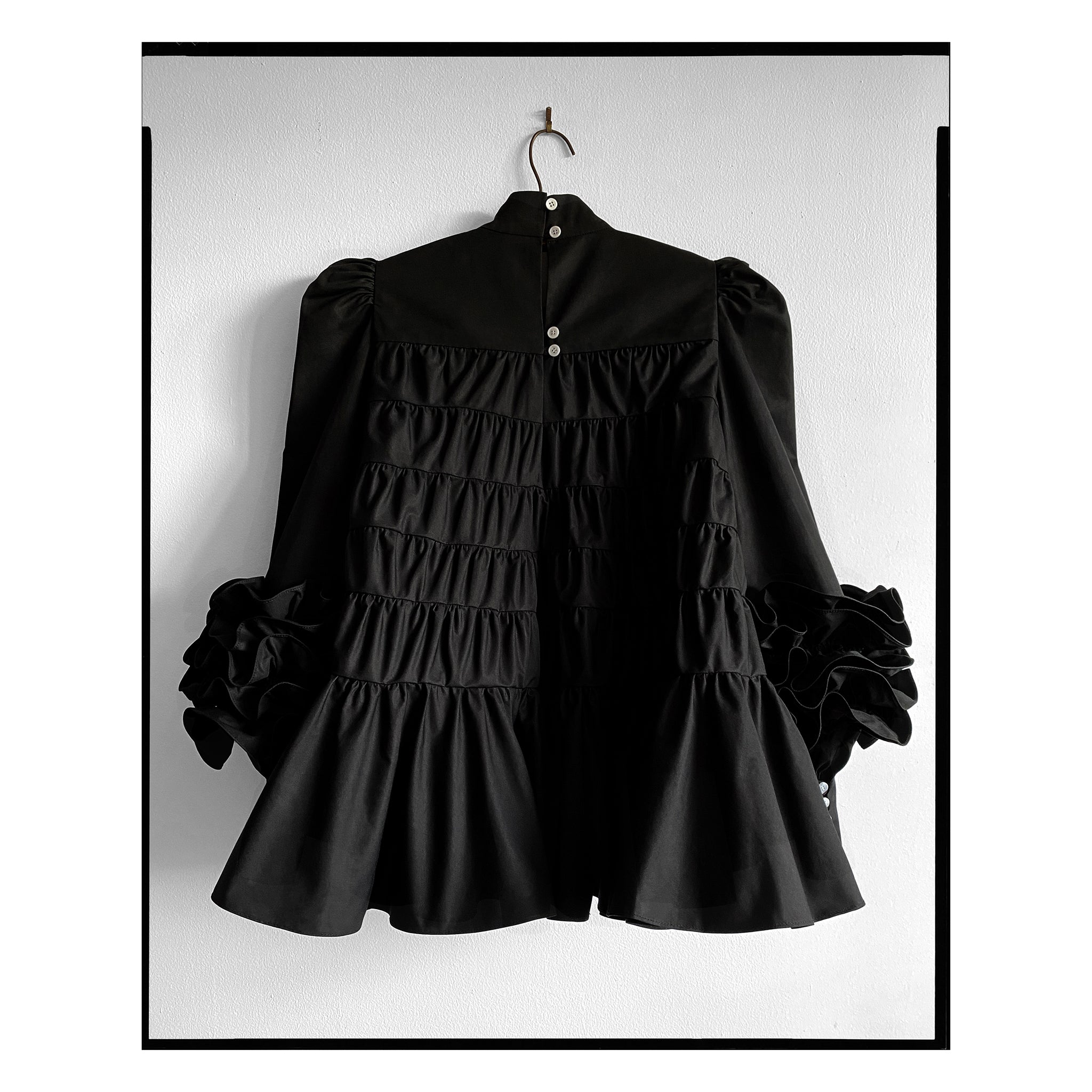 Black Poplin Ruffle Sleeve Trapeze Top