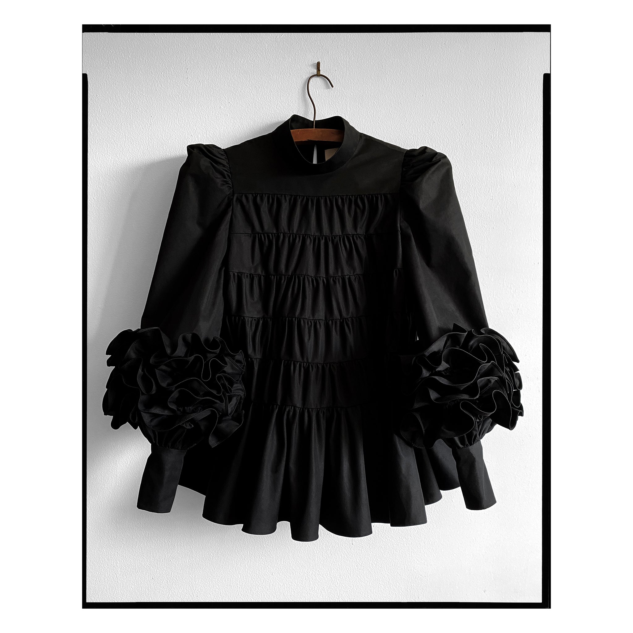 Black Poplin Ruffle Sleeve Trapeze Top