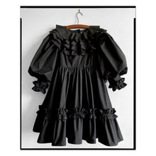 Load image into Gallery viewer, Black Poplin Ruffle Neck Babydoll Dress
