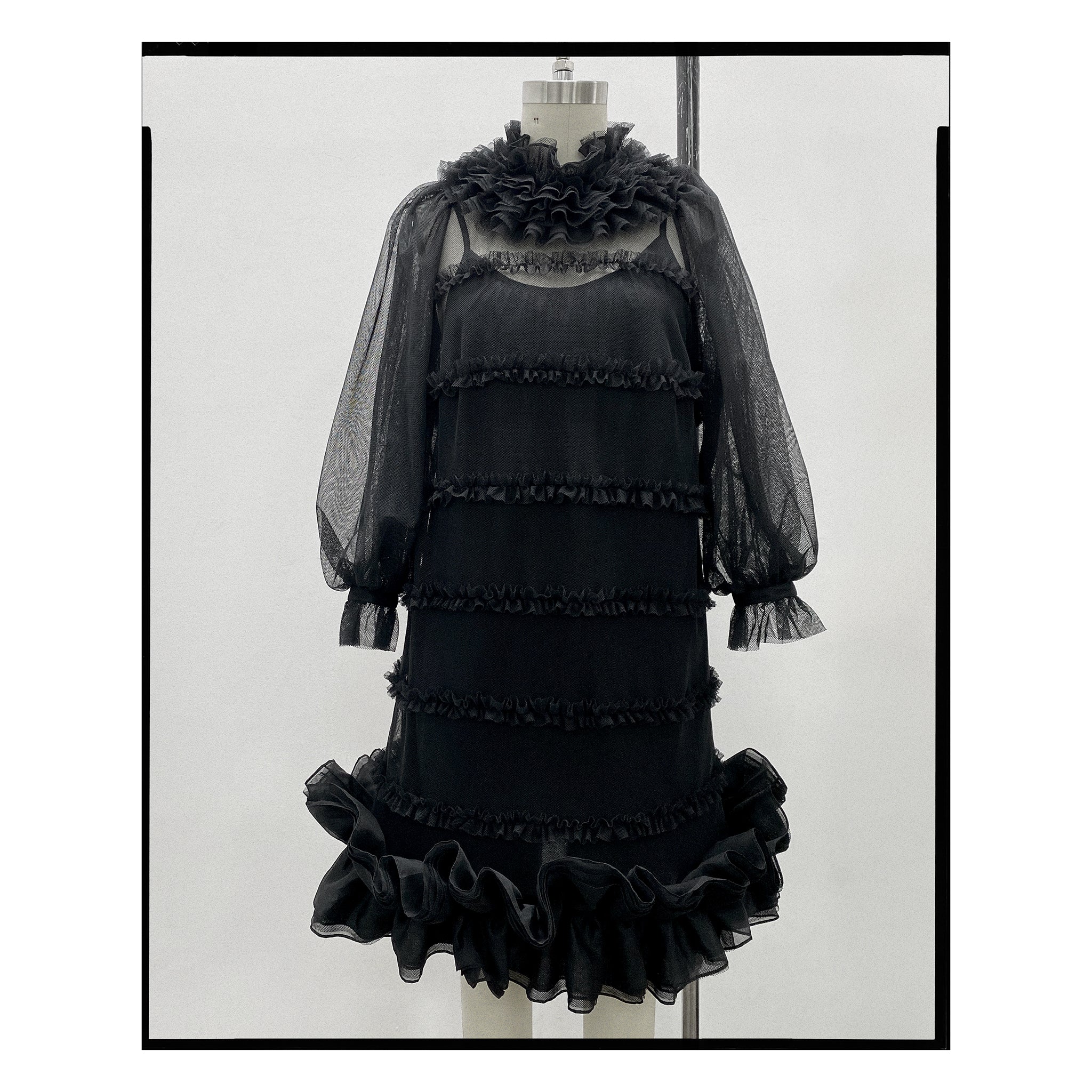 Black Cotton Tulle Ruffle Hem Shift Dress