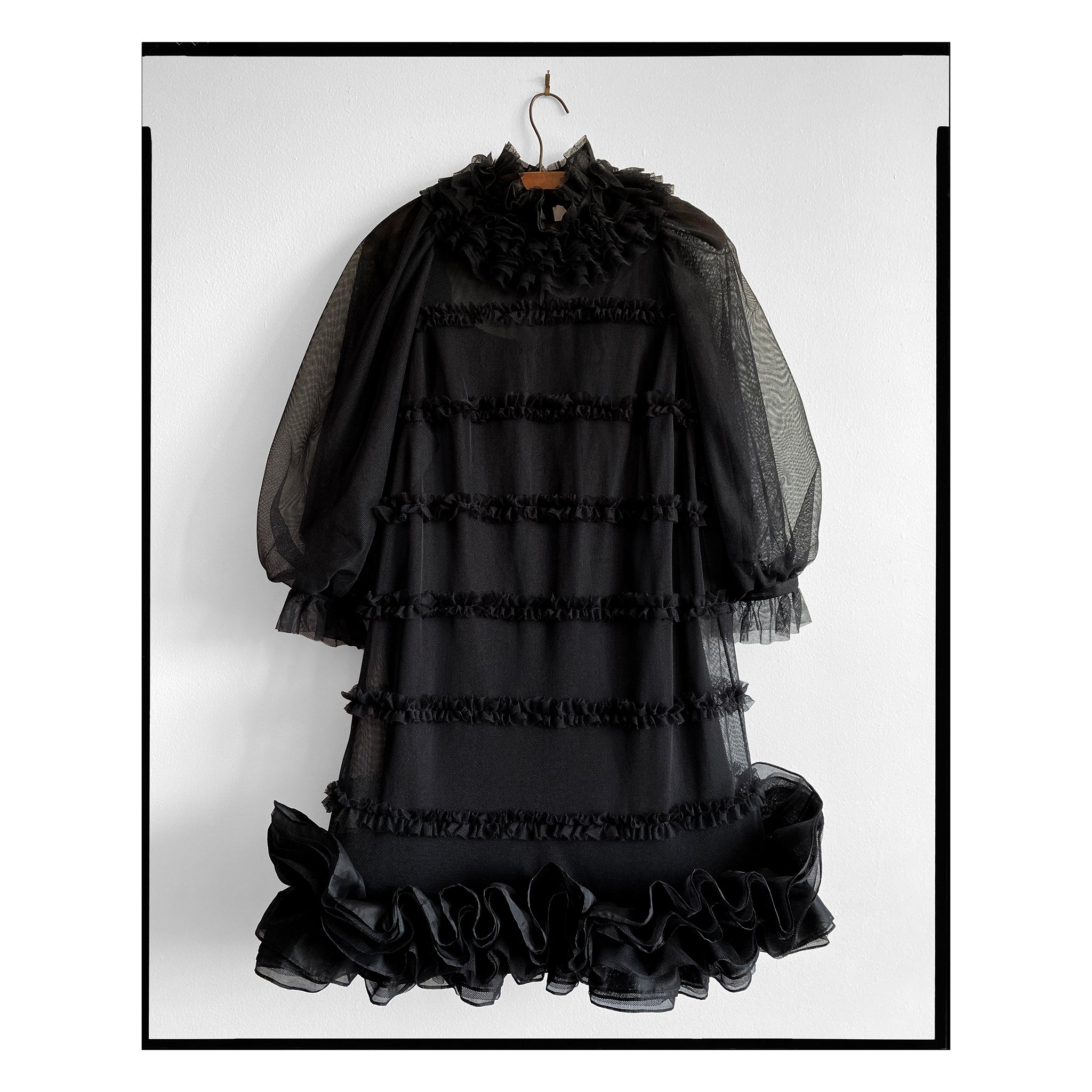 Black Cotton Tulle Ruffle Hem Shift Dress