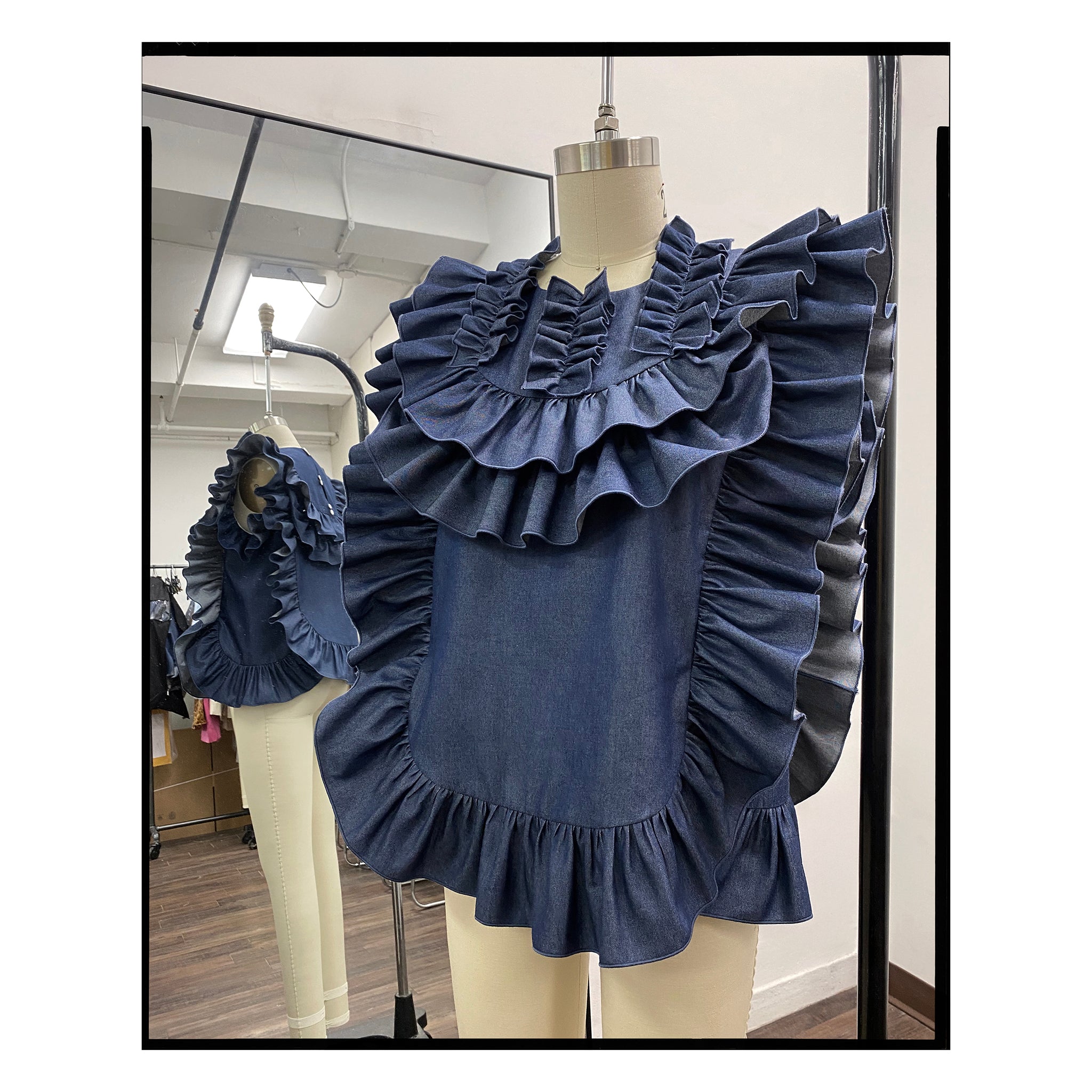 Denim Ruffle Yoke Top