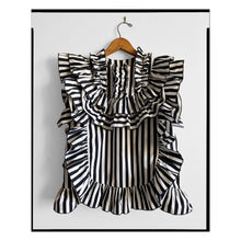 Load image into Gallery viewer, Black &amp; White Stripe Poplin Ruffle Yoke Top
