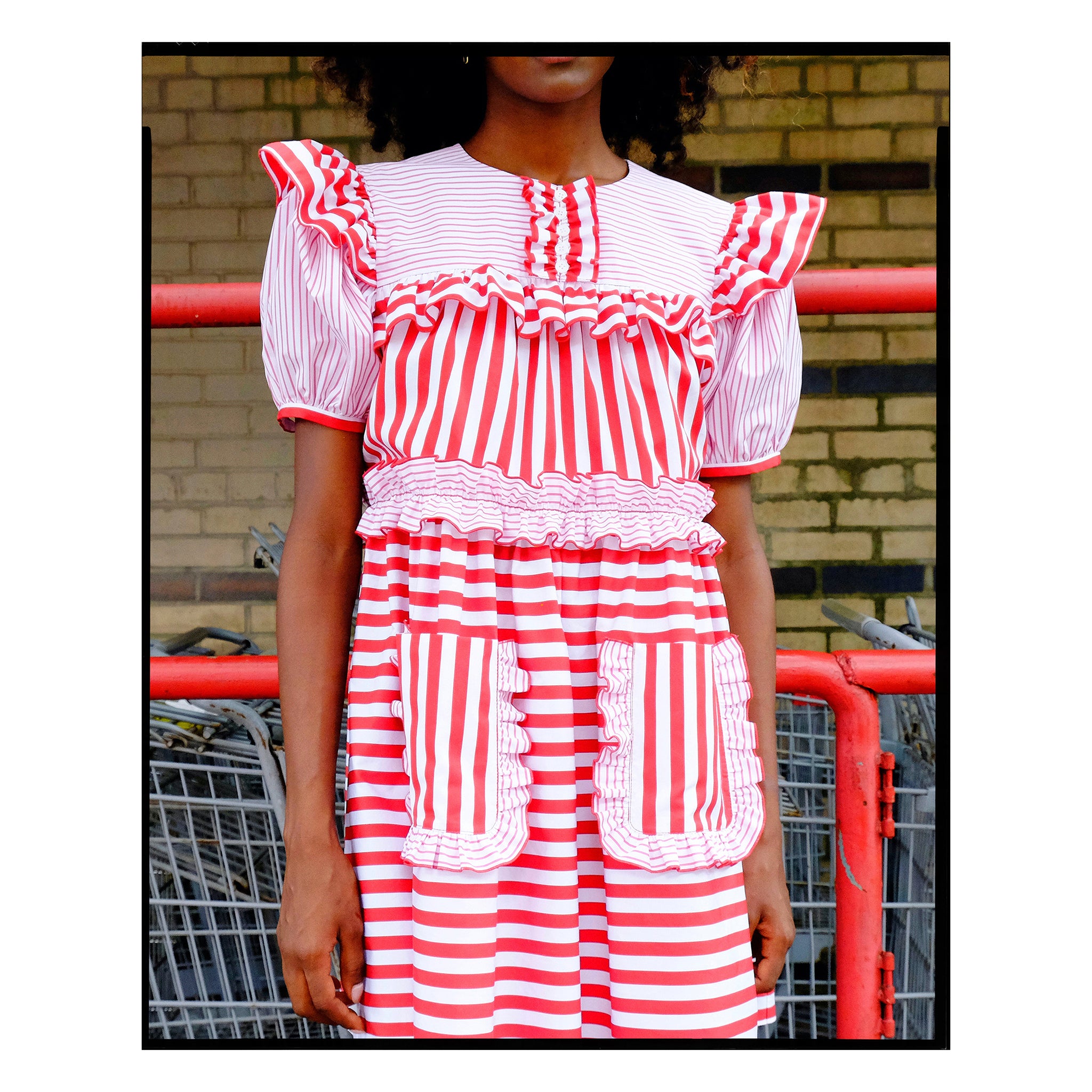 Pink & Red Stripe Poplin Puff Sleeve Mini Dress