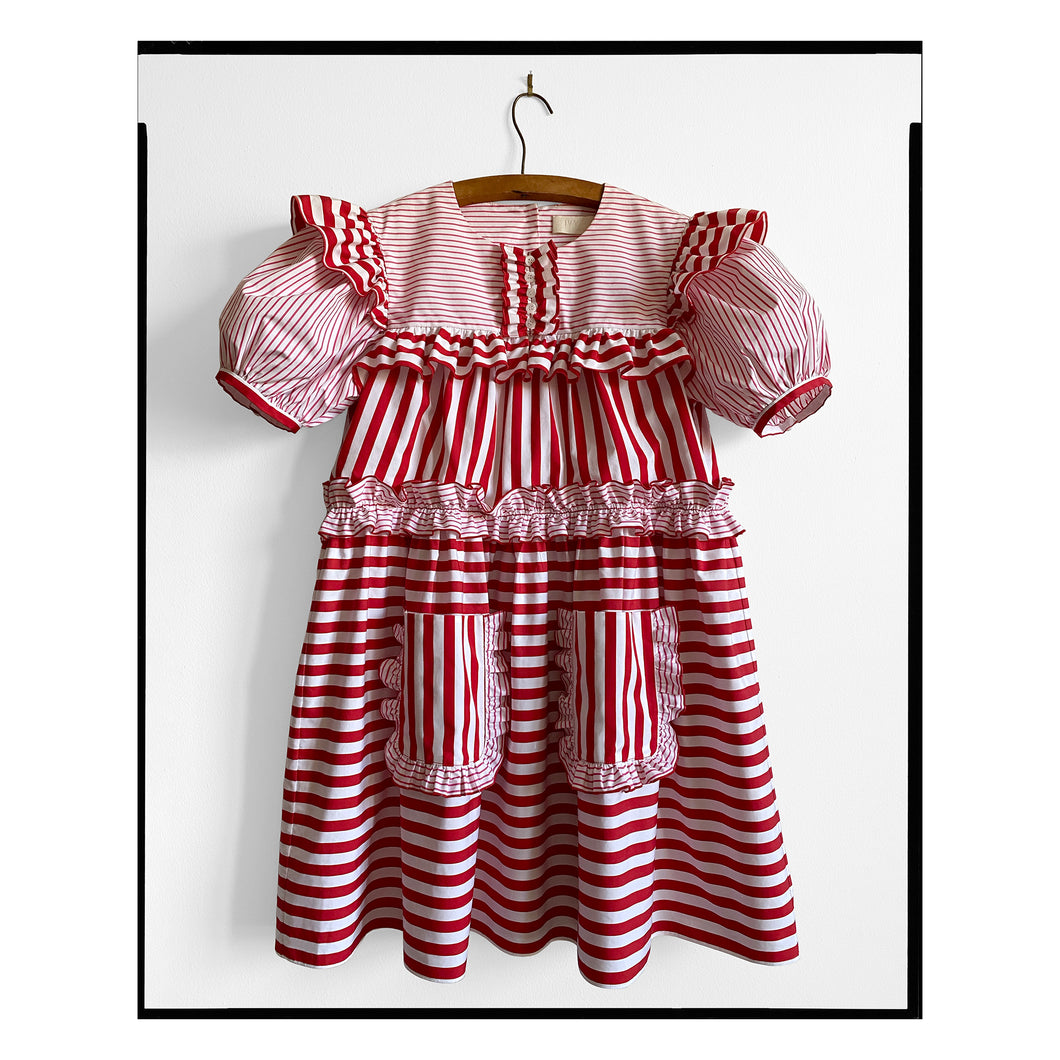 Pink & Red Stripe Poplin Puff Sleeve Mini Dress