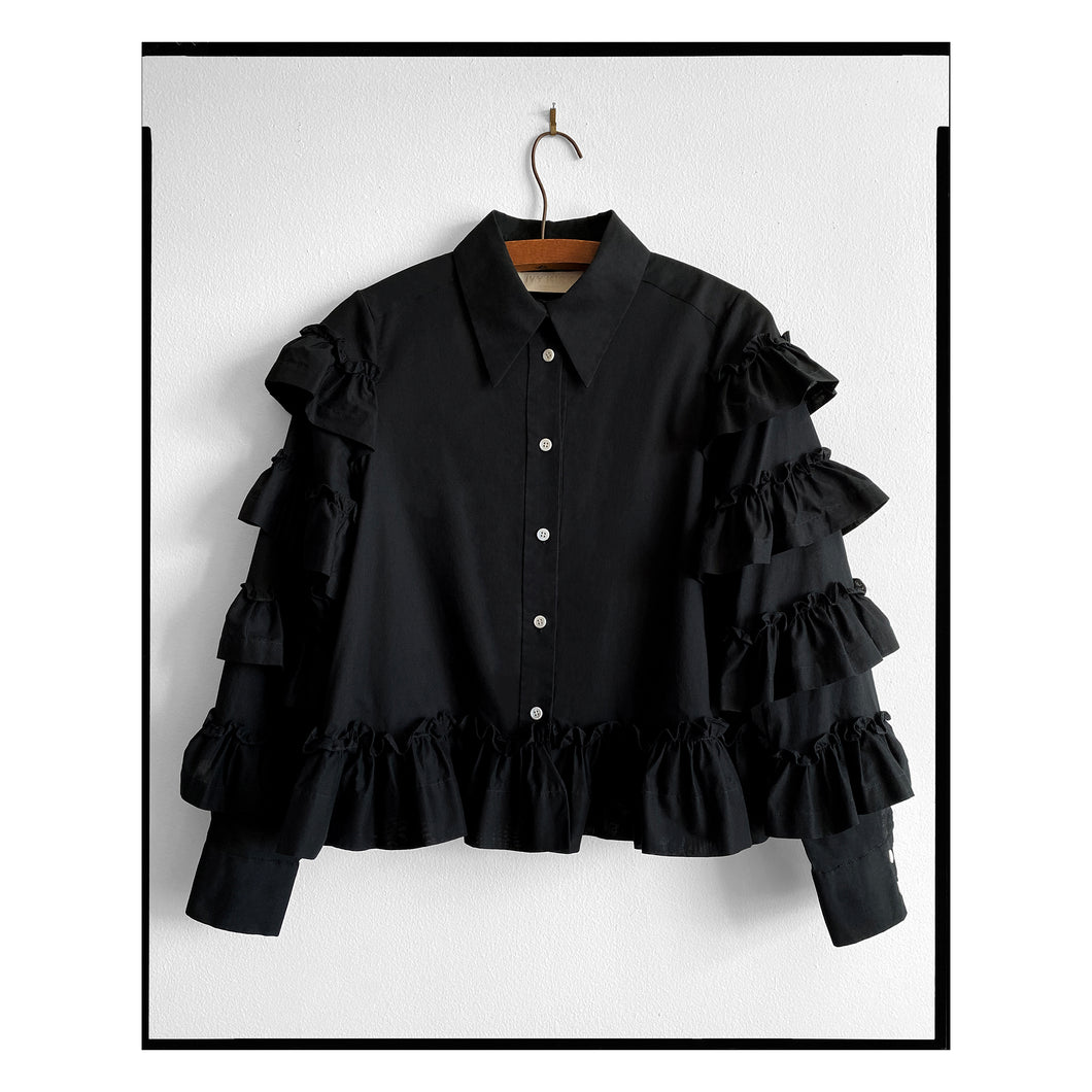 Black Voile Peplum Ruffle Shirt