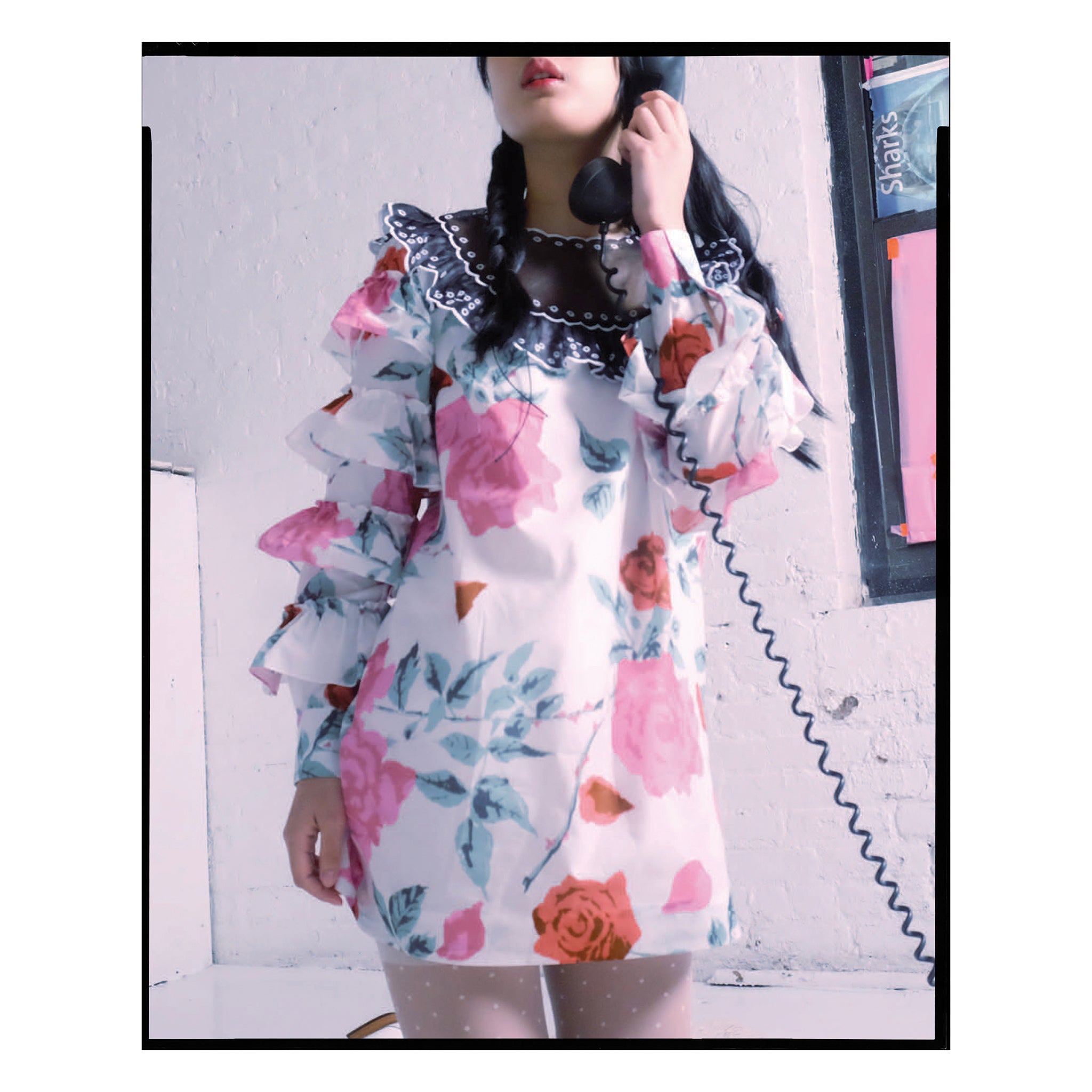 Archival Rose Print Poplin Ruffle Sleeve Shift Dress