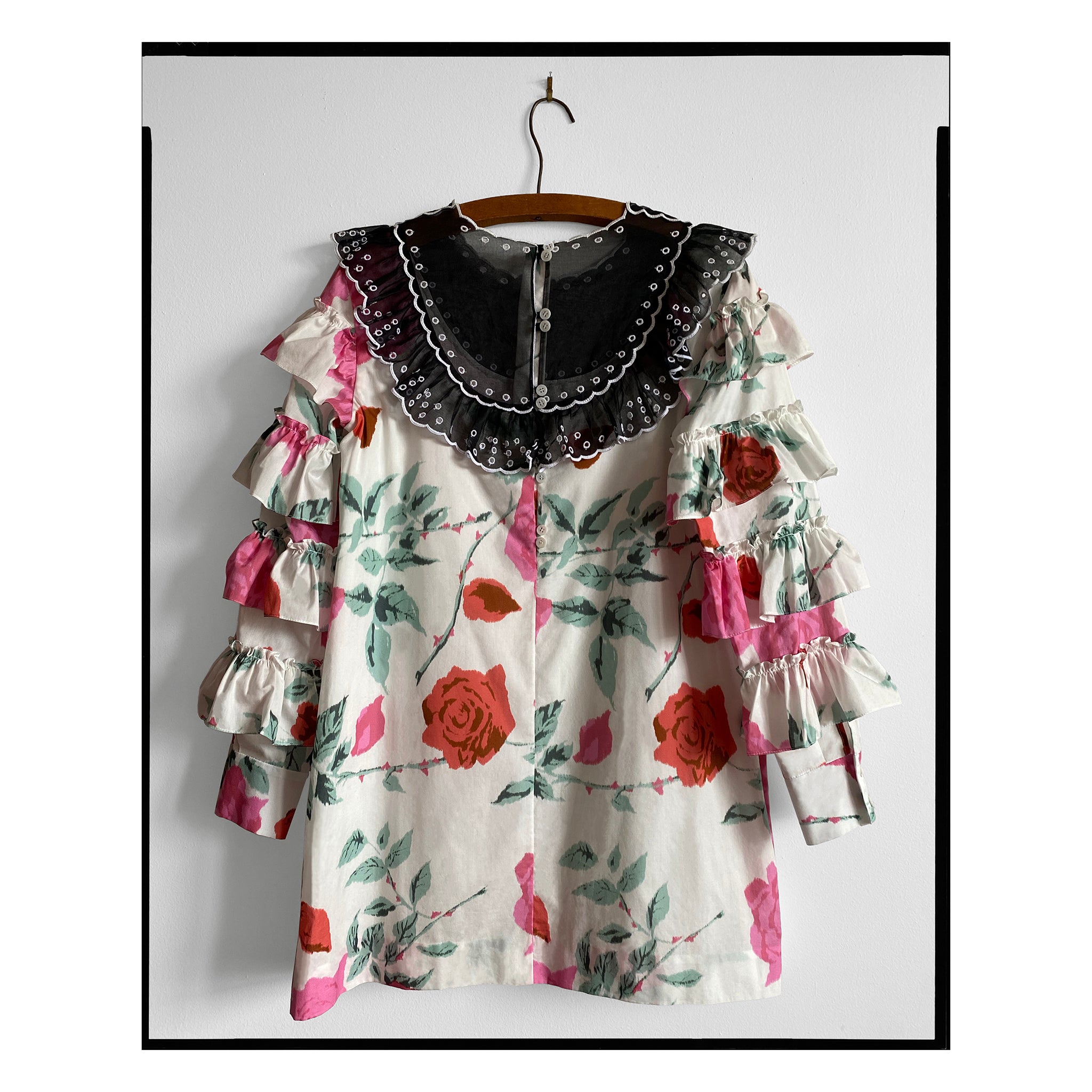 Archival Rose Print Poplin Ruffle Sleeve Shift Dress