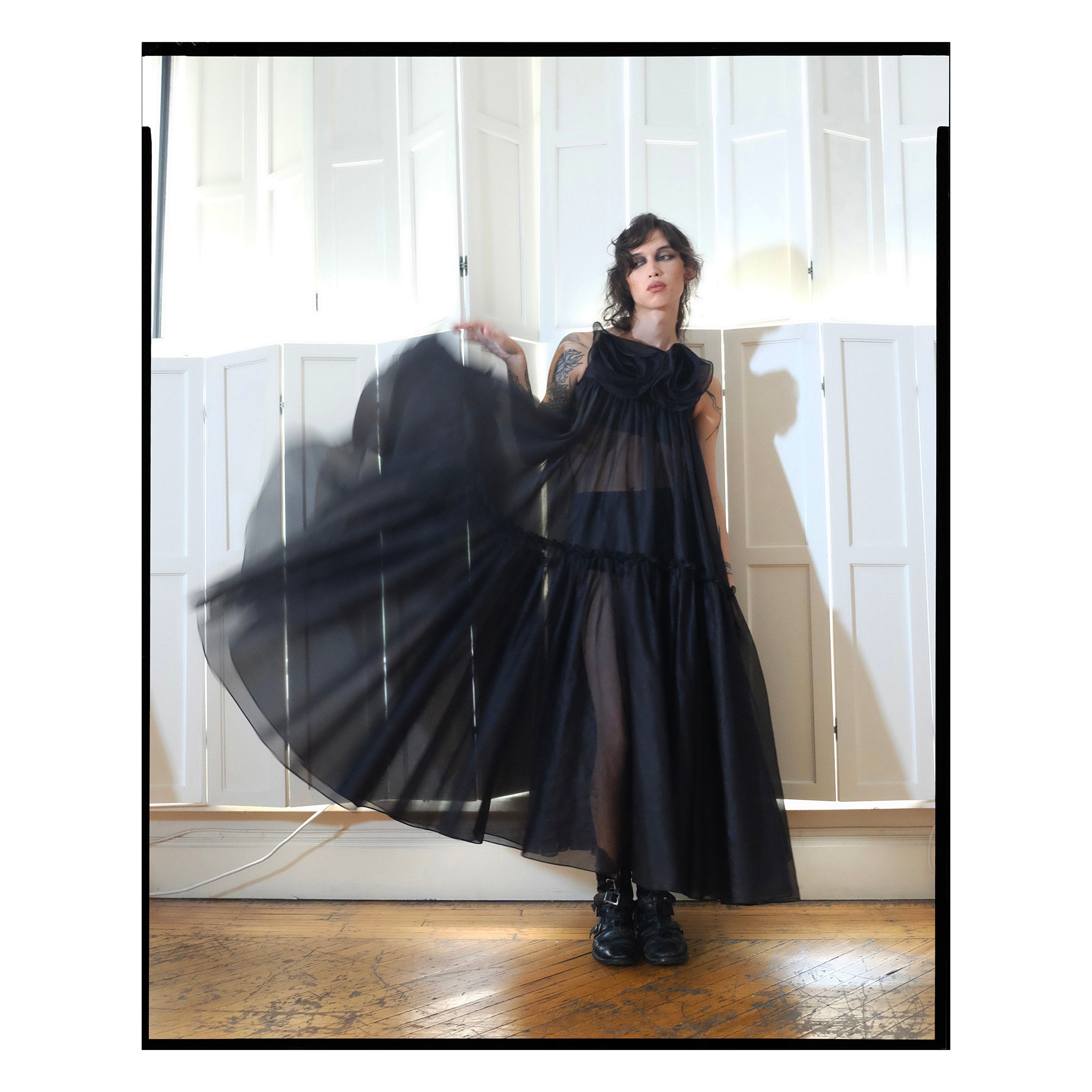 Black Organdy Rose Trapeze Gown