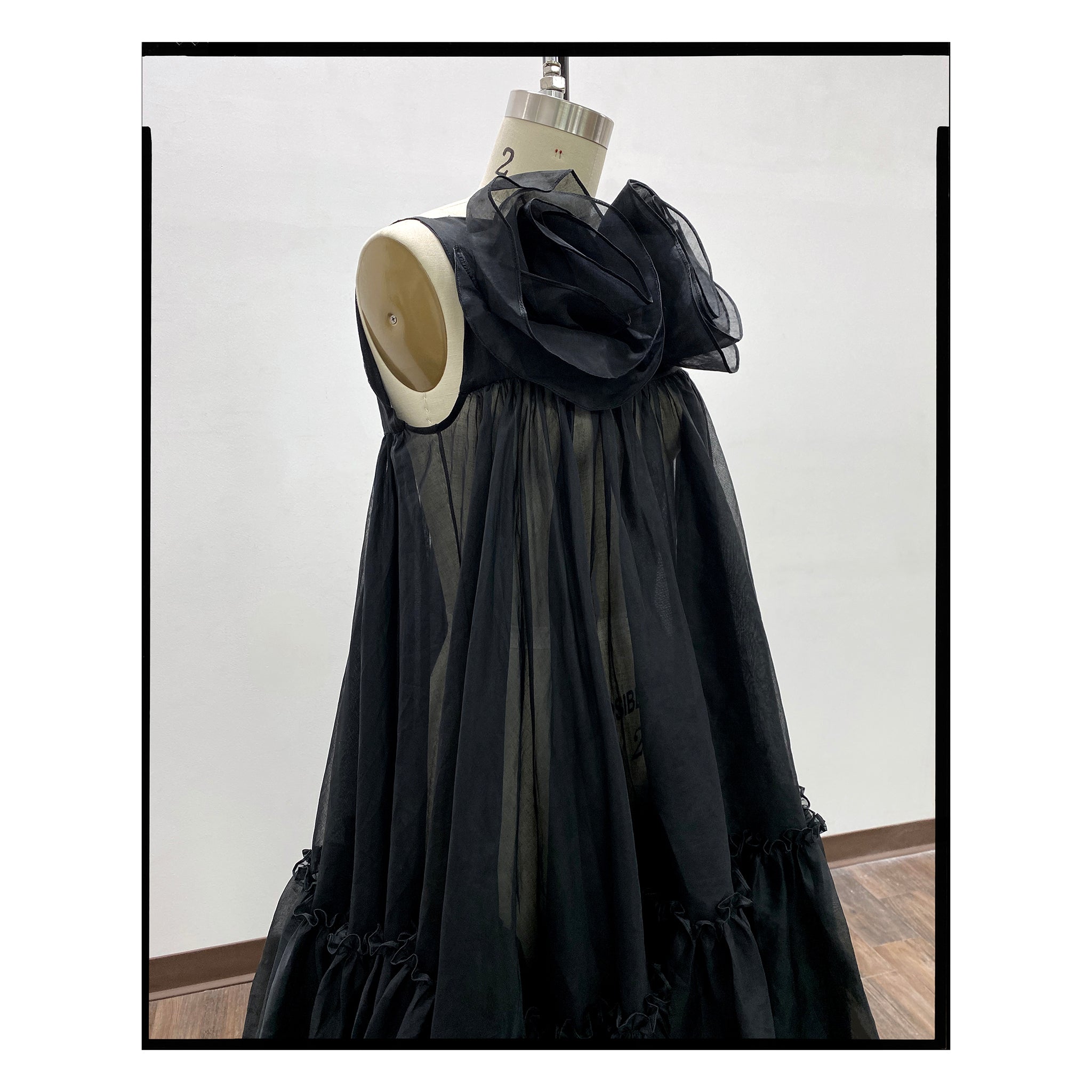 Black Organdy Rose Trapeze Gown