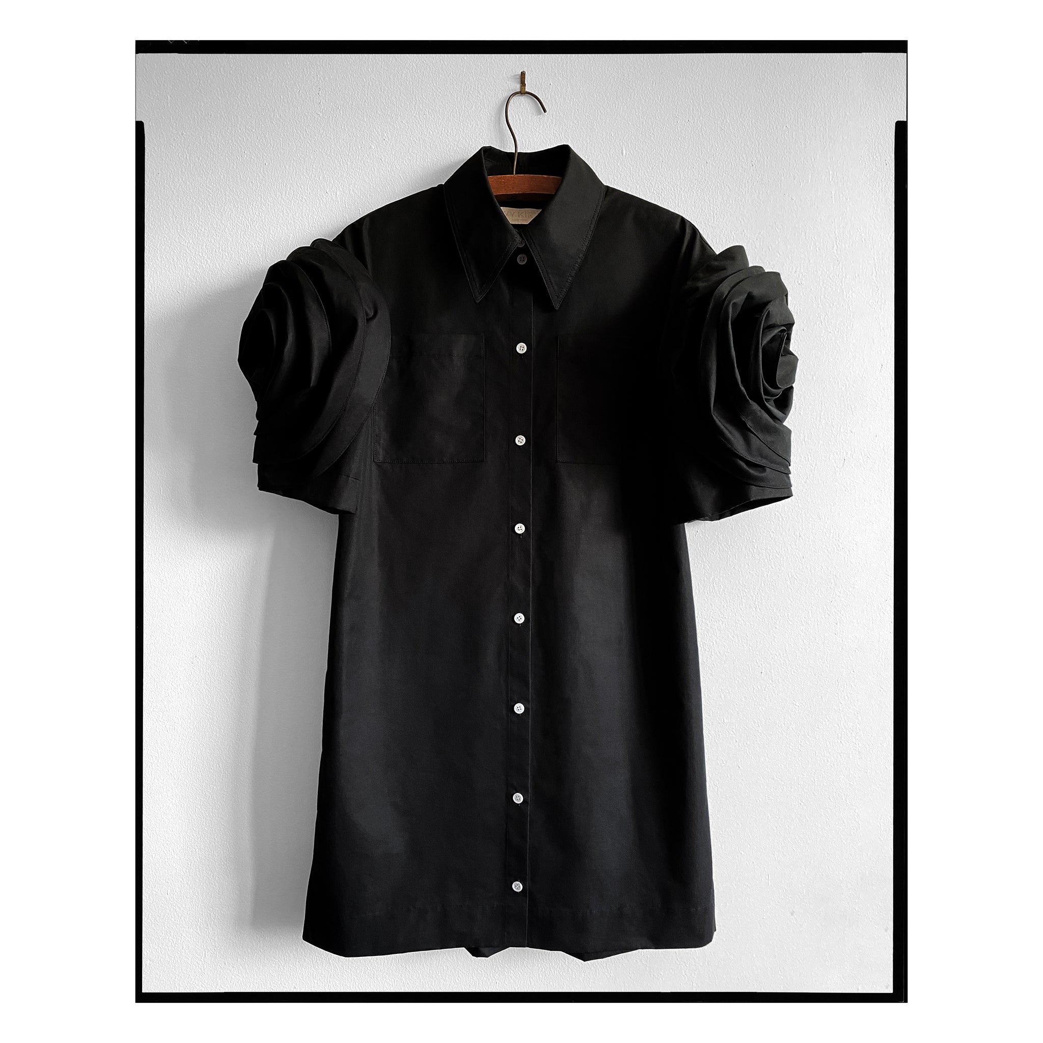 Black Poplin Rose Sleeve Shirtdress