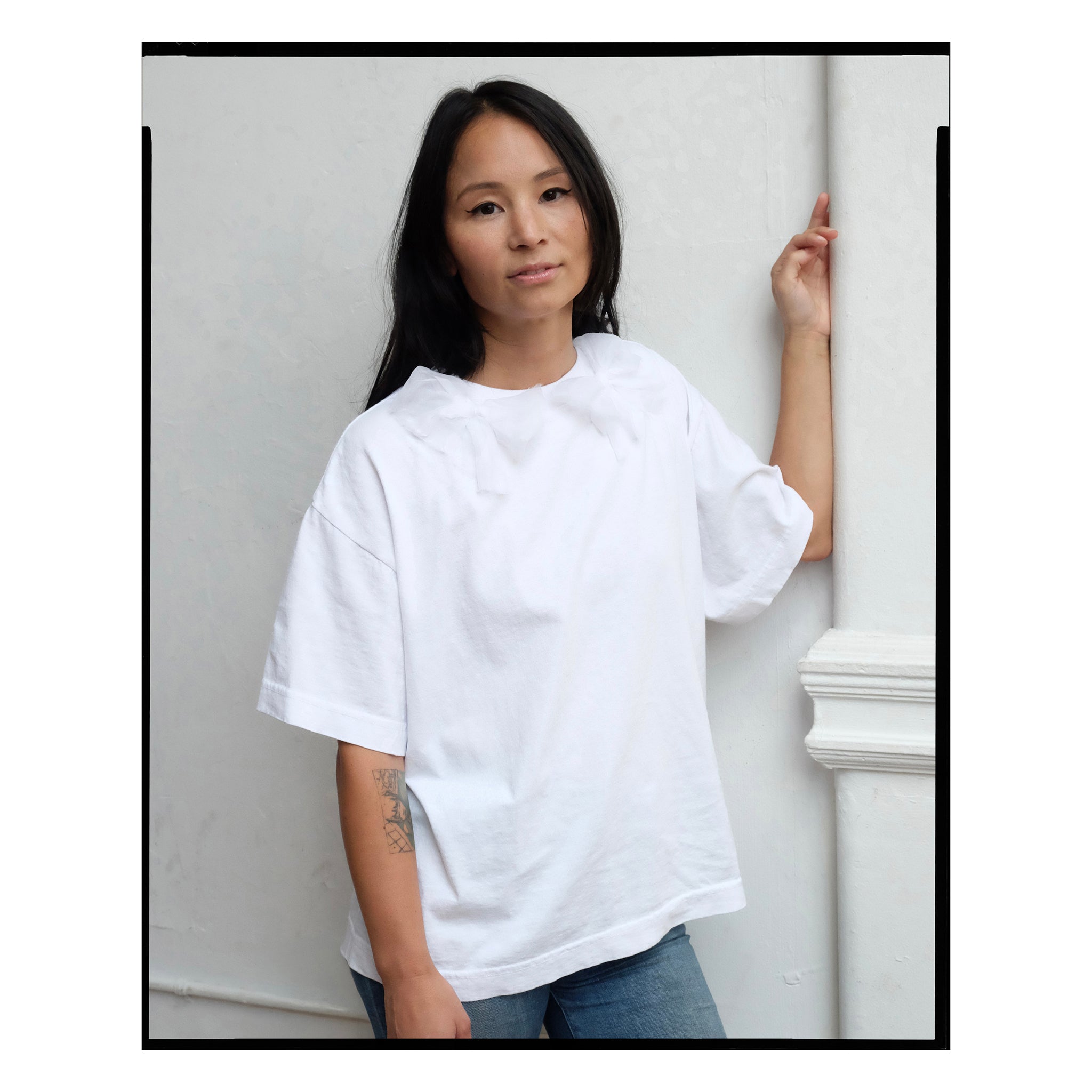 White Cotton Organdy Bow Tee