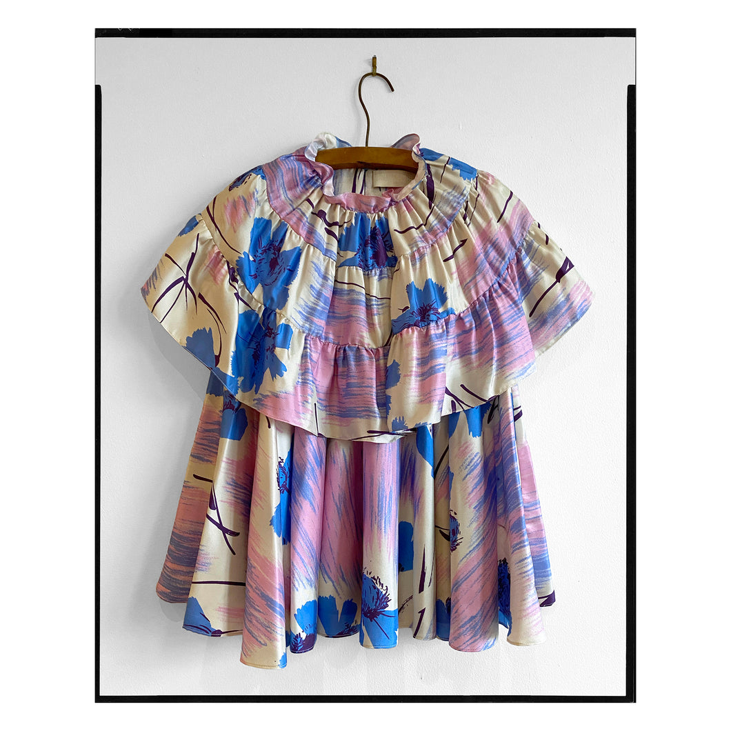 Painterly Floral Silk Twill Capelet Trapeze Top