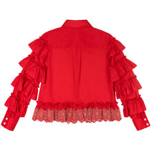 Load image into Gallery viewer, Red &amp; Silver Broderie Anglaise Peplum Ruffle Shirt
